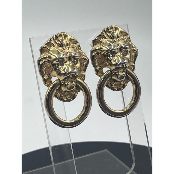 Kenneth Jay Lane‎ Vintage 
Lionhead Doorknocker Rhinestone Eyes Earrings - Picture 3 of 14